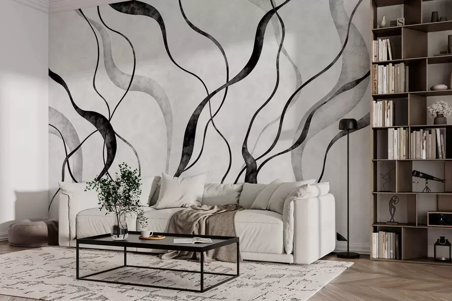 murales de pared Líneas fluidas y abstractas en tonos monocromáticos w05699