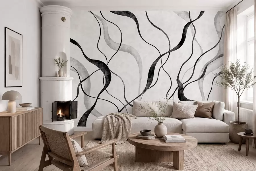 murales de pared Líneas fluidas y abstractas en tonos monocromáticos w05699