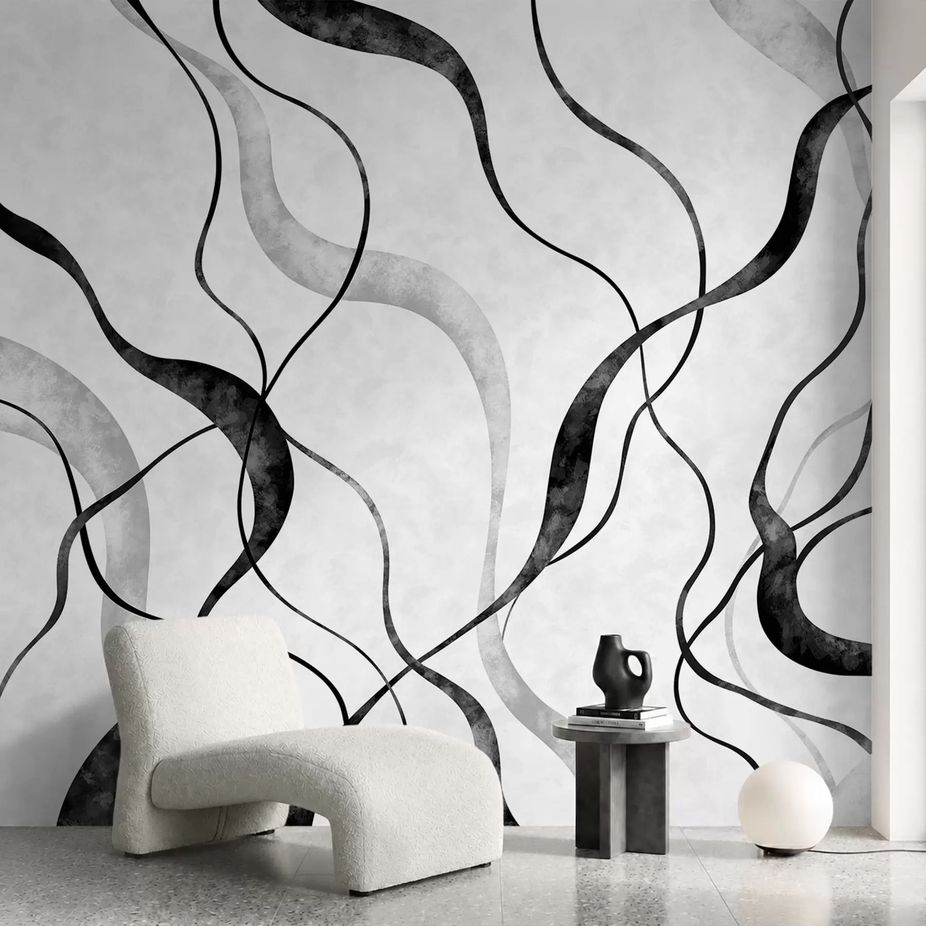 murales de pared Líneas fluidas y abstractas en tonos monocromáticos w05699