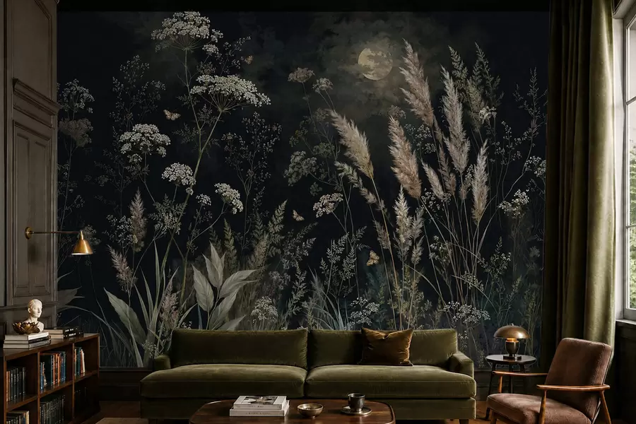 murales de pared Pradera a la luz de la luna con hierbas y flores silvestres w05701