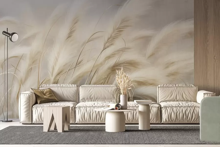 murales de pared Alta hierba de la pampa que se mece suavemente con el viento sobre un fondo suave y apagado; obra de arte con textura w09825