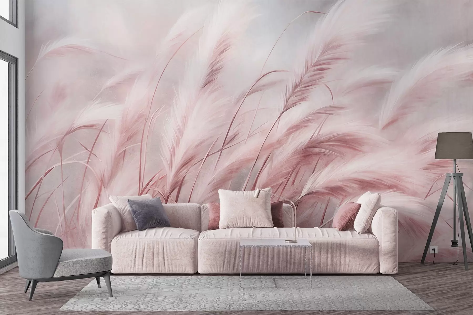 murales de pared Alta hierba de la pampa que se mece suavemente con el viento sobre un fondo suave y apagado; obra de arte con textura w09825v1