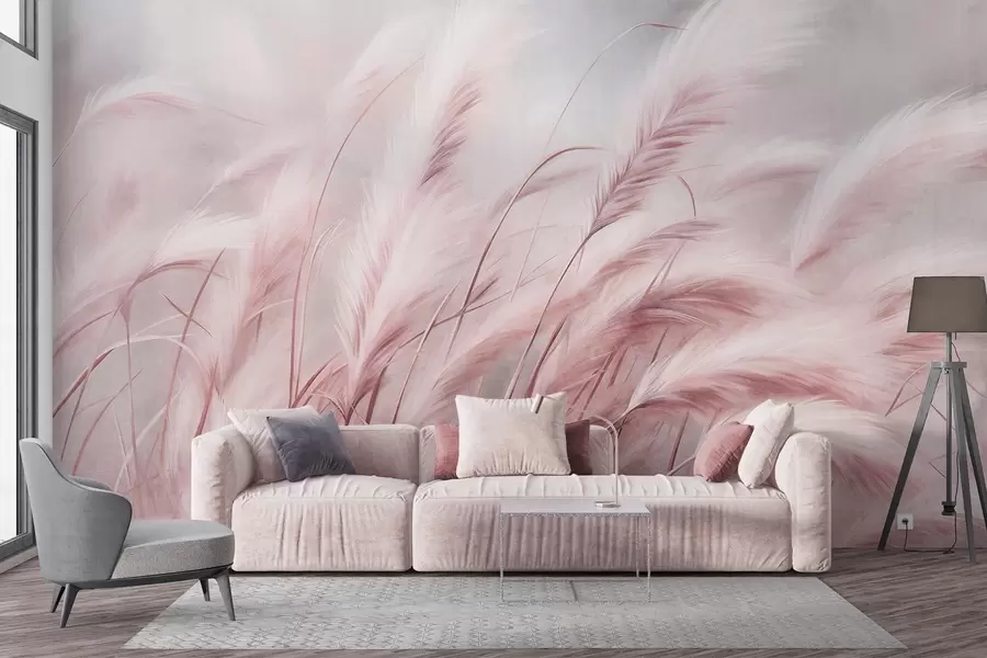 murales de pared Alta hierba de la pampa que se mece suavemente con el viento sobre un fondo suave y apagado; obra de arte con textura w09825v1