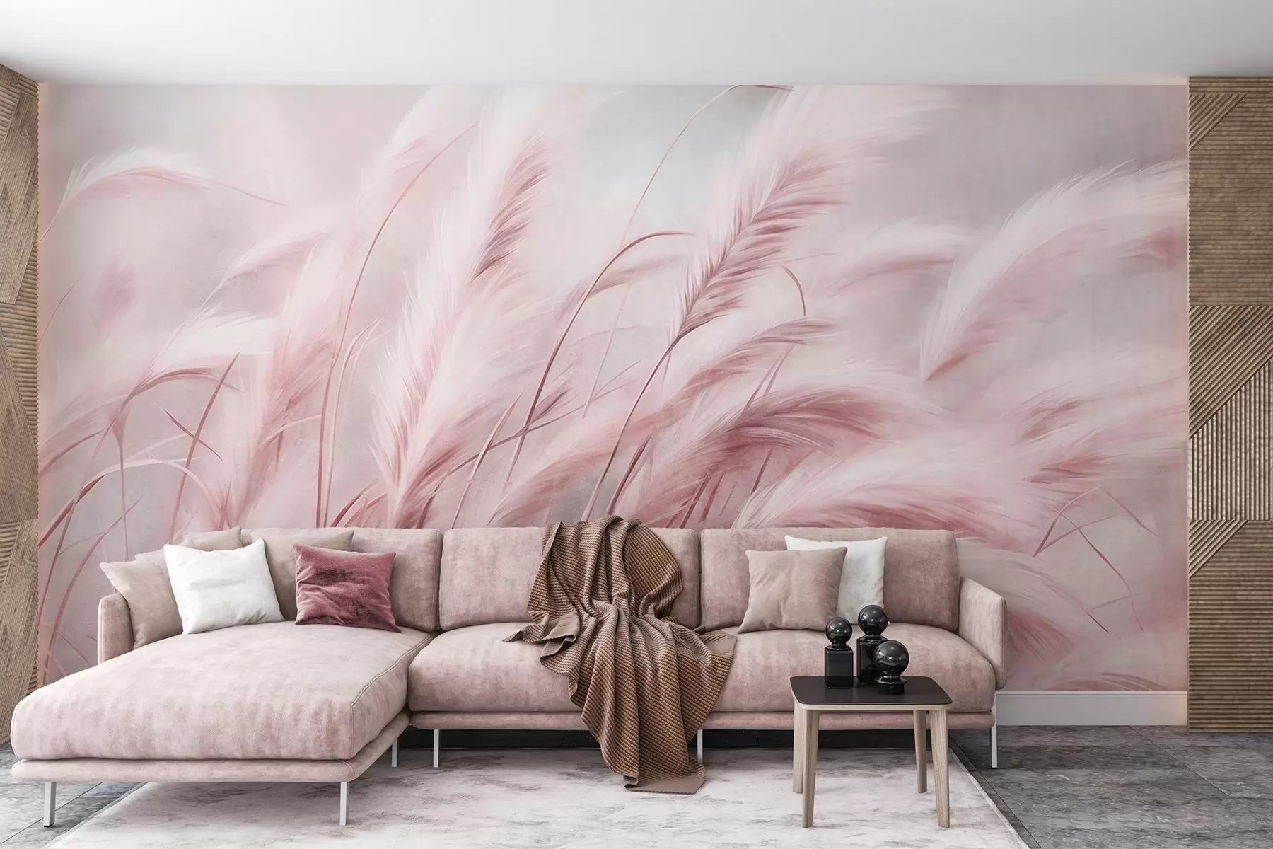 murales de pared Alta hierba de la pampa que se mece suavemente con el viento sobre un fondo suave y apagado; obra de arte con textura w09825v1