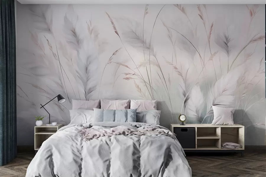 murales de pared Hierbas altas y plumosas que se mecen suavemente sobre un fondo suave y tenue: un delicado arte natural w09831