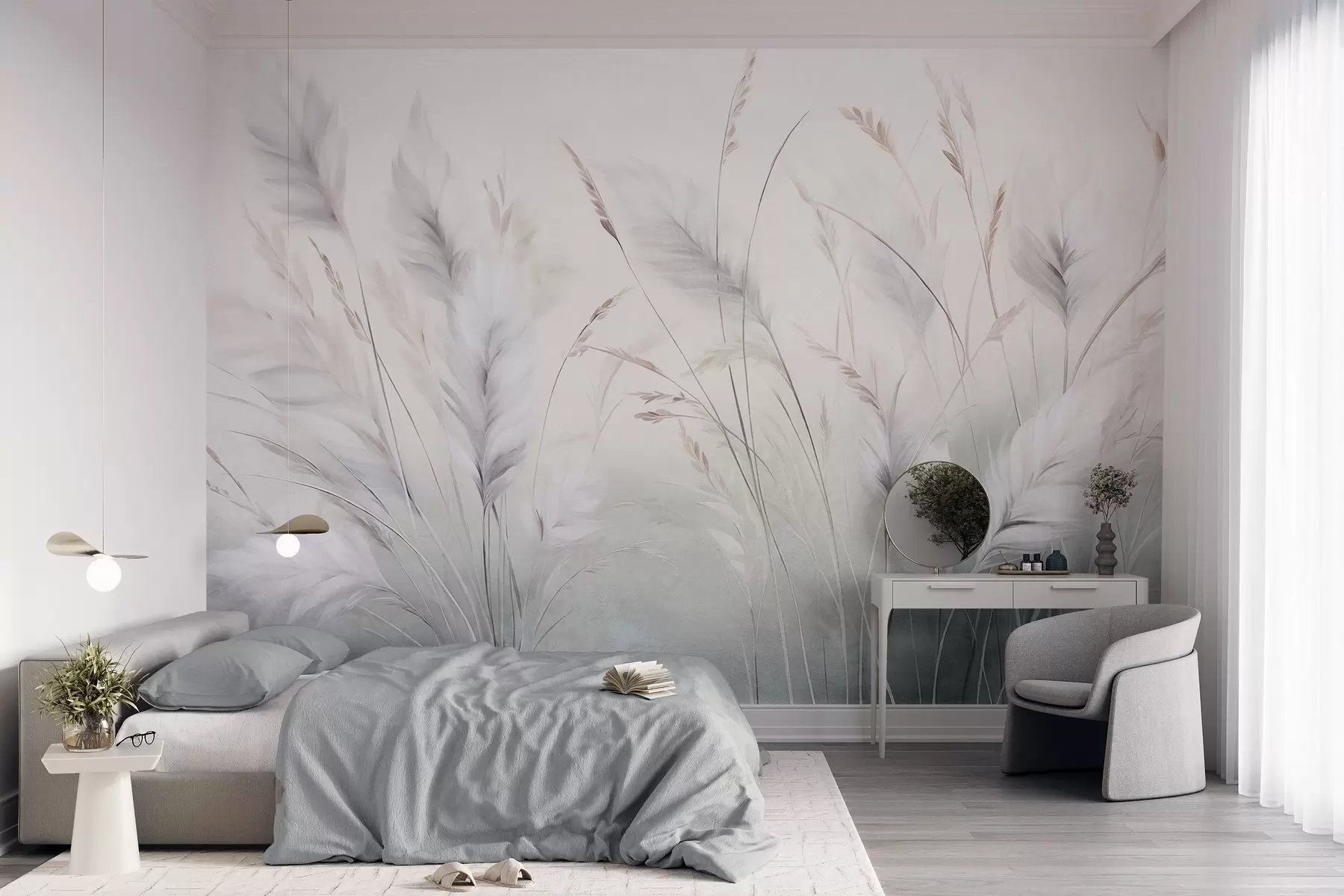 murales de pared Hierbas altas y plumosas que se mecen suavemente sobre un fondo suave y tenue: un delicado arte natural w09831