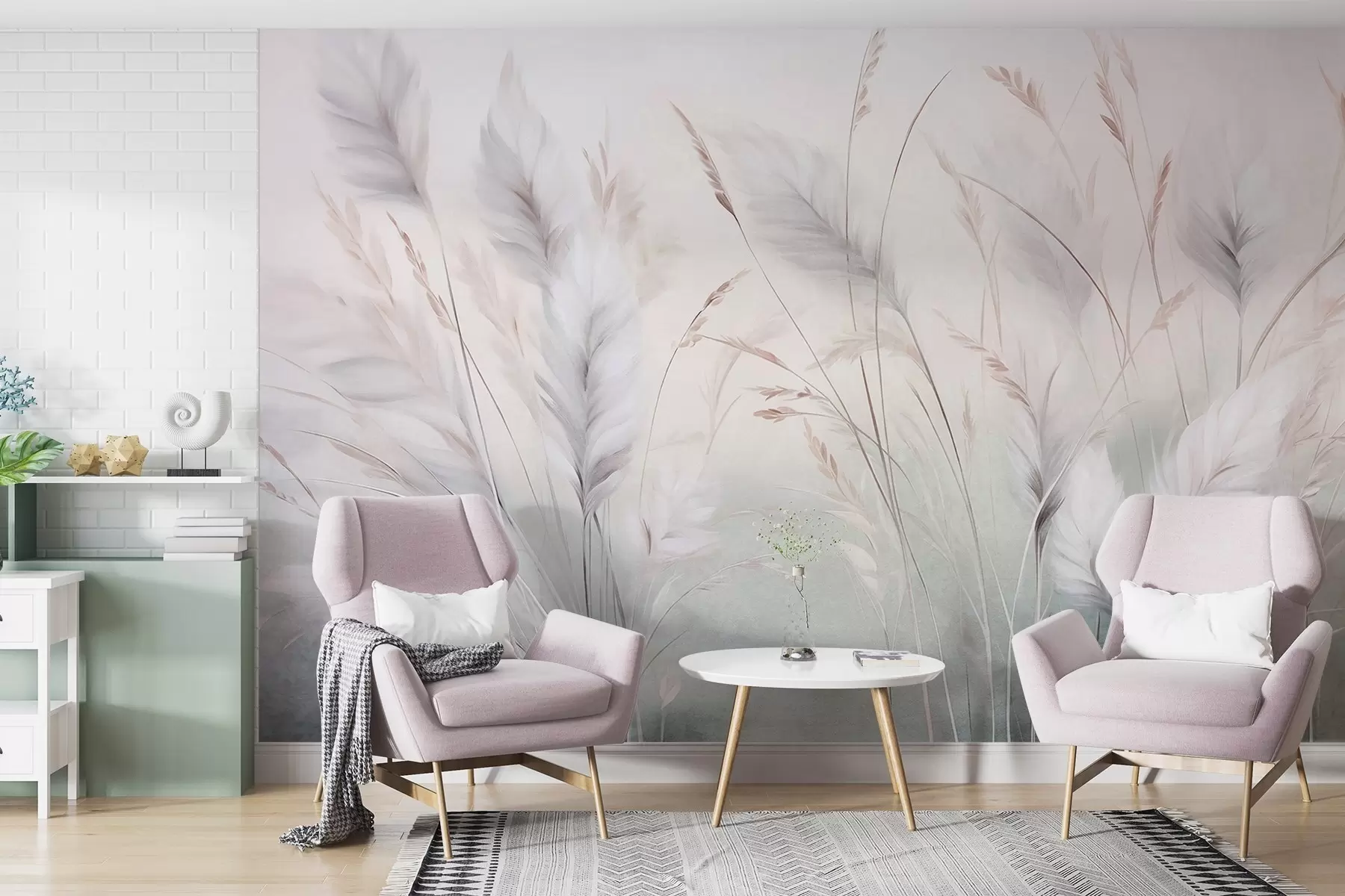 murales de pared Hierbas altas y plumosas que se mecen suavemente sobre un fondo suave y tenue: un delicado arte natural w09831