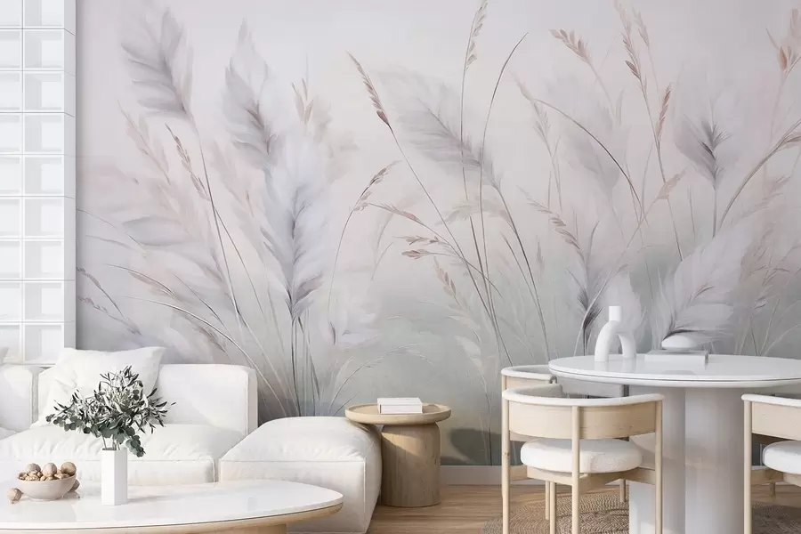 murales de pared Hierbas altas y plumosas que se mecen suavemente sobre un fondo suave y tenue: un delicado arte natural w09831