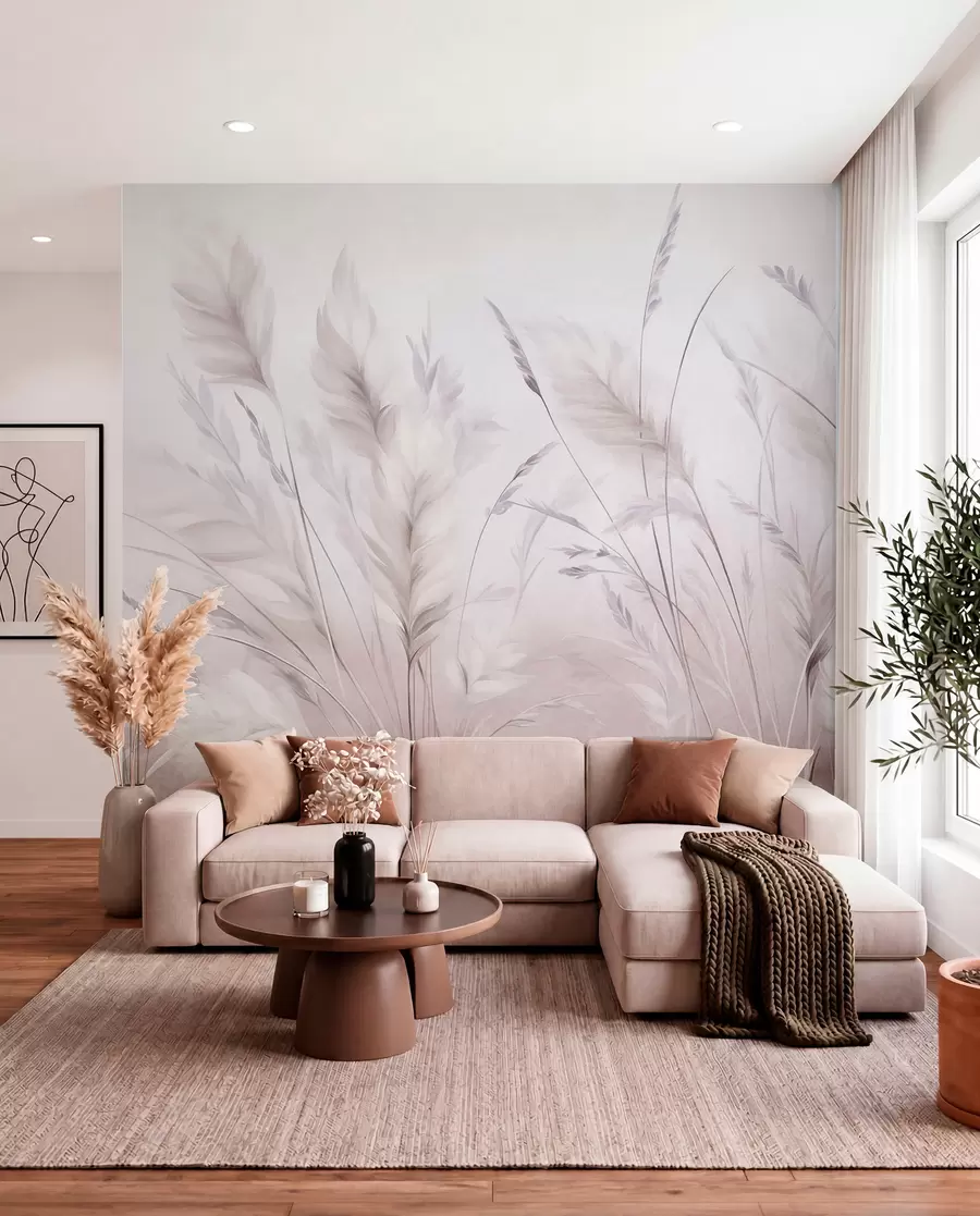 murales de pared Hierbas altas y plumosas que se mecen suavemente sobre un fondo suave y tenue: un delicado arte natural w09831v1