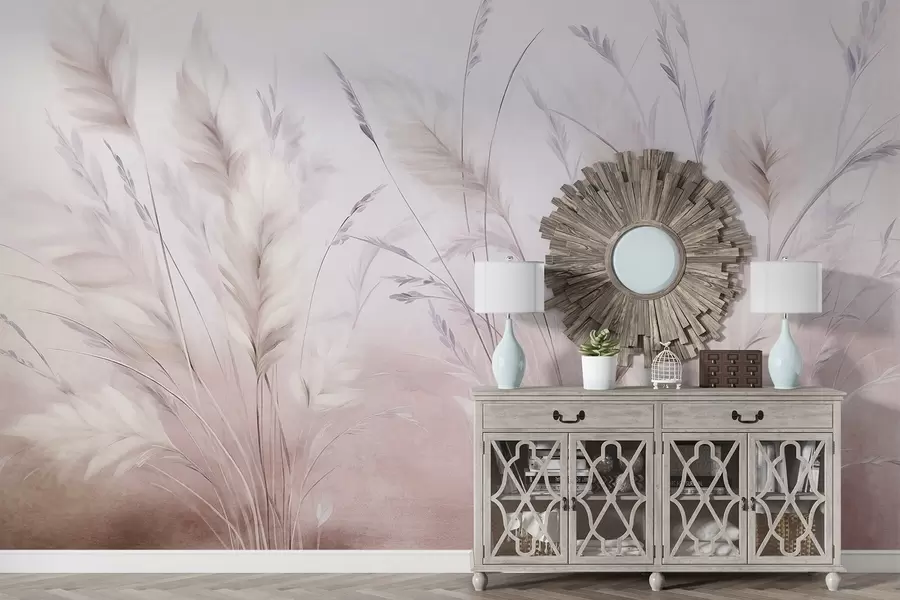 murales de pared Hierbas altas y plumosas que se mecen suavemente sobre un fondo suave y tenue: un delicado arte natural w09831v1