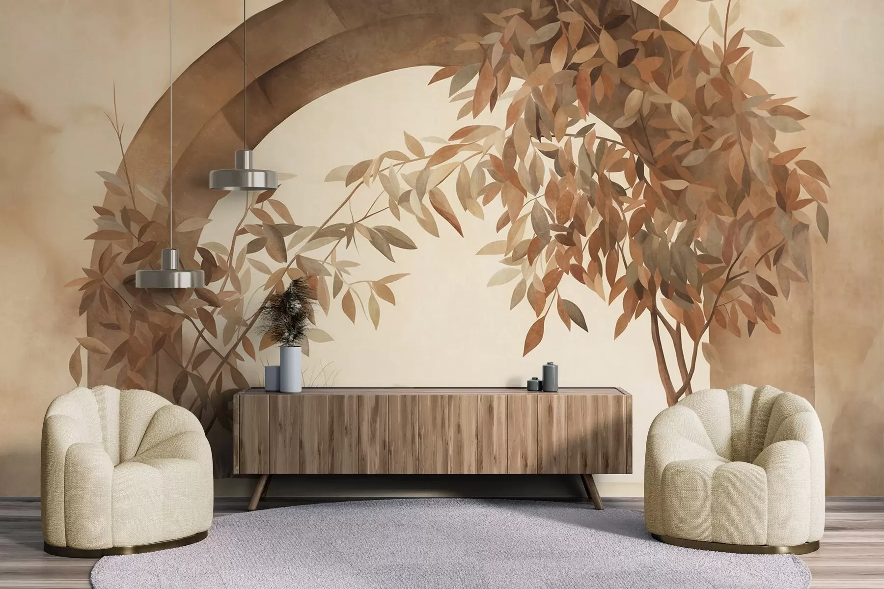 murales de pared Un arco con un paisaje, árboles y follaje en suaves tonos otoñales, obra de arte con textura w09907