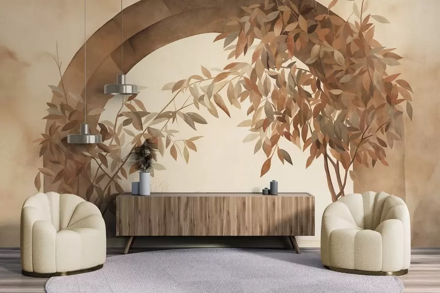 murales de pared Un arco con un paisaje, árboles y follaje en suaves tonos otoñales, obra de arte con textura w09907
