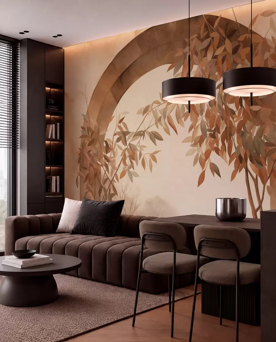 murales de pared Un arco con un paisaje, árboles y follaje en suaves tonos otoñales, obra de arte con textura w09907