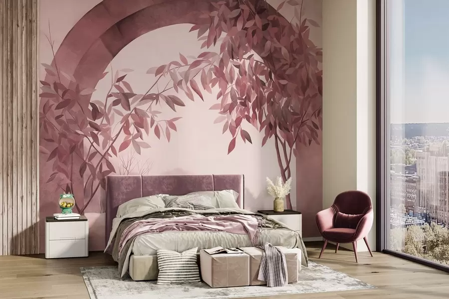 murales de pared Un arco con un paisaje, árboles y follaje en tonos rosas y grises apagados; obra de arte con textura w09907v1