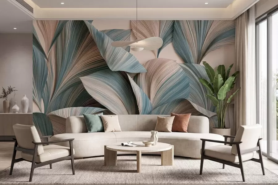 murales de pared Hojas tropicales con volumen en tonos beige y azules suaves w09914