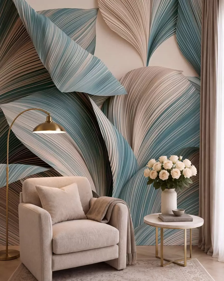 murales de pared Hojas tropicales con volumen en tonos beige y azules suaves w09914