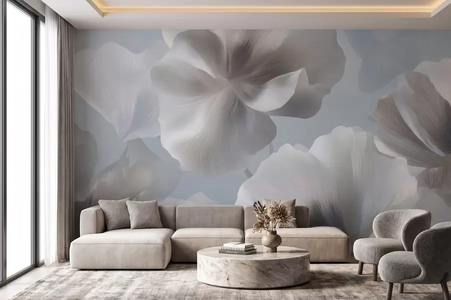 murales de pared Pétalos de flores de seda con volumen en suaves tonos pastel w09928