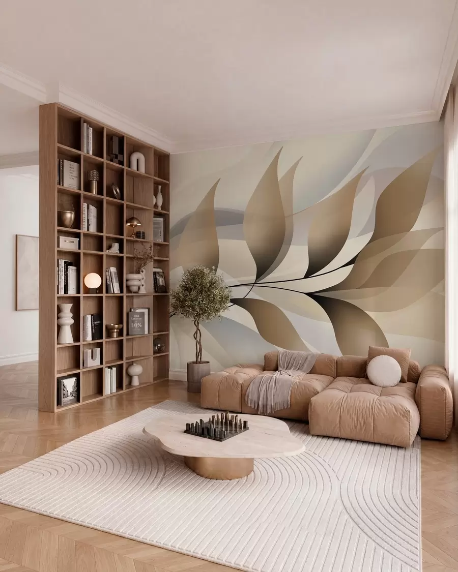 murales de pared una elegante rama con hojas de color beige w05660