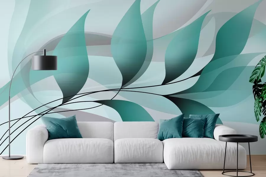 murales de pared una elegante rama con hojas de color turquesa w05660v1