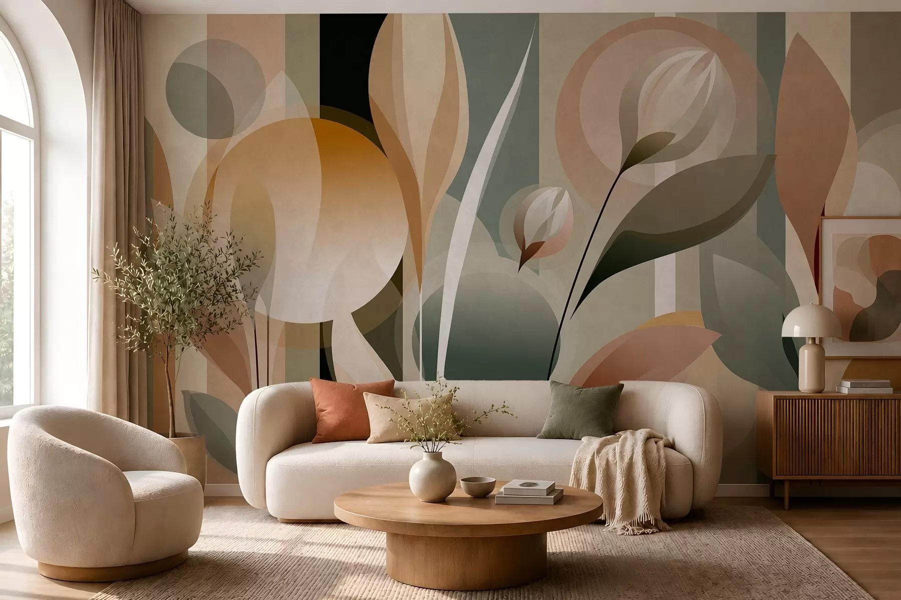 murales de pared una abstracción estilizada en la que aparecen plantas en colores naturales w05750