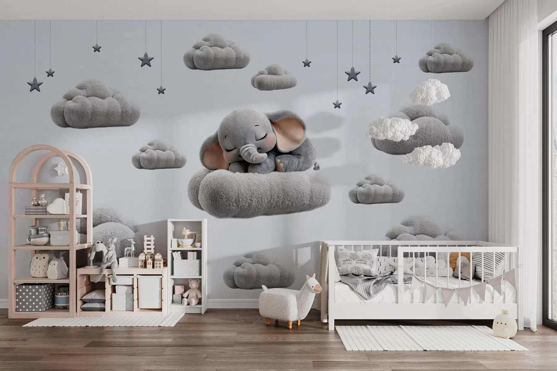 murales de pared un elefantito muy mono, en estilo 3D, durmiendo entre nubes mullidas w05754