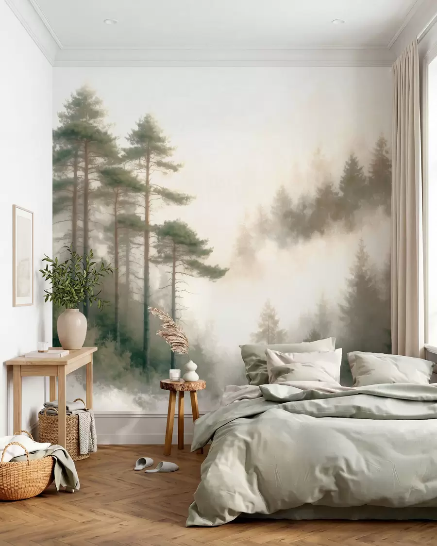 murales de pared Bosque de pinos por la mañana, al estilo de la acuarela w09916