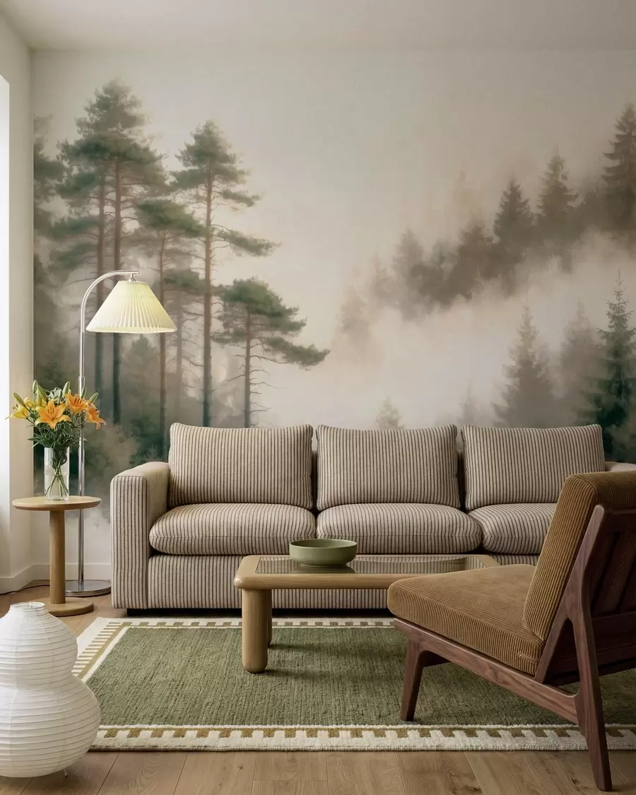 murales de pared Bosque de pinos por la mañana, al estilo de la acuarela w09916