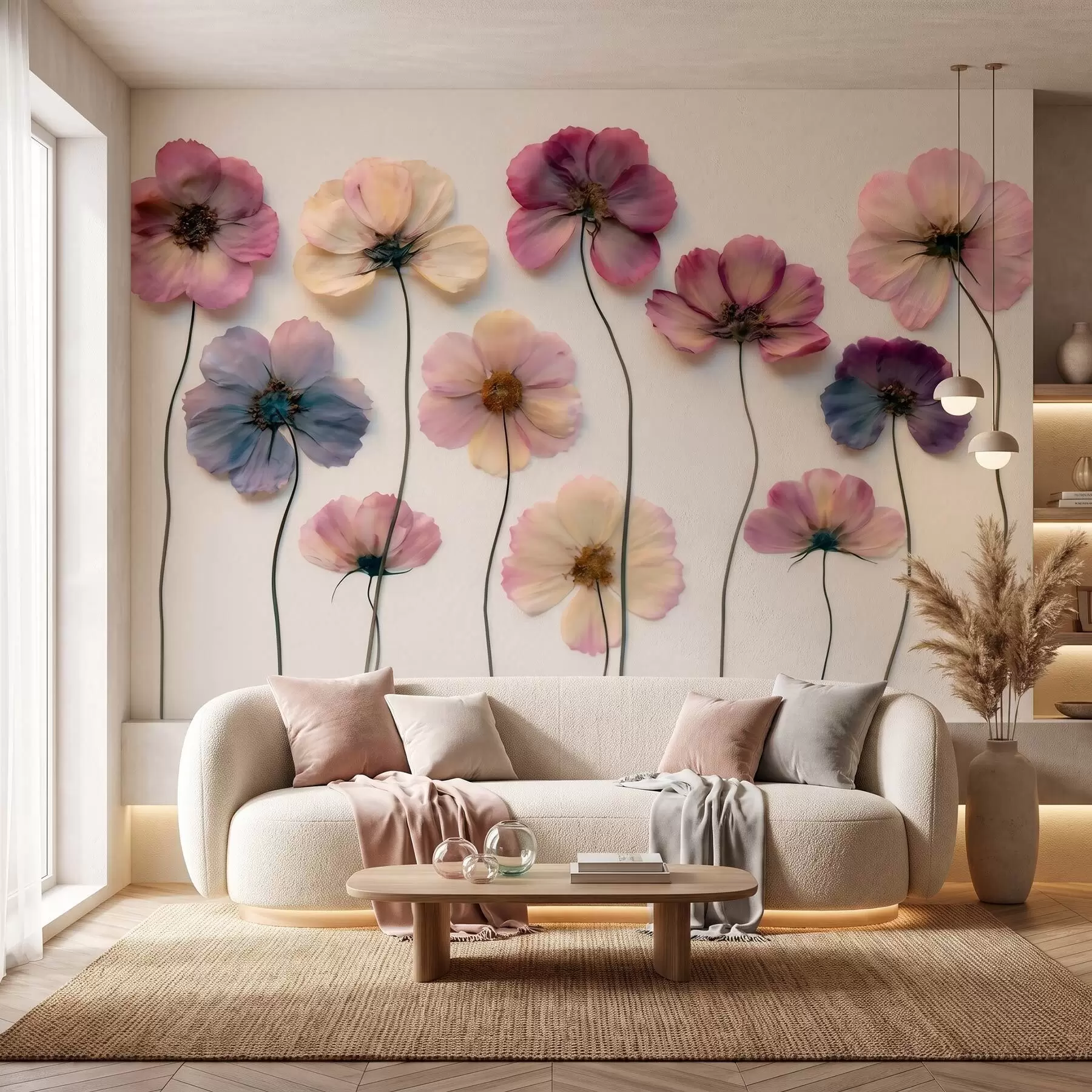 murales de pared Composición de herbario con efecto de flores prensadas y textura en 3D w09911