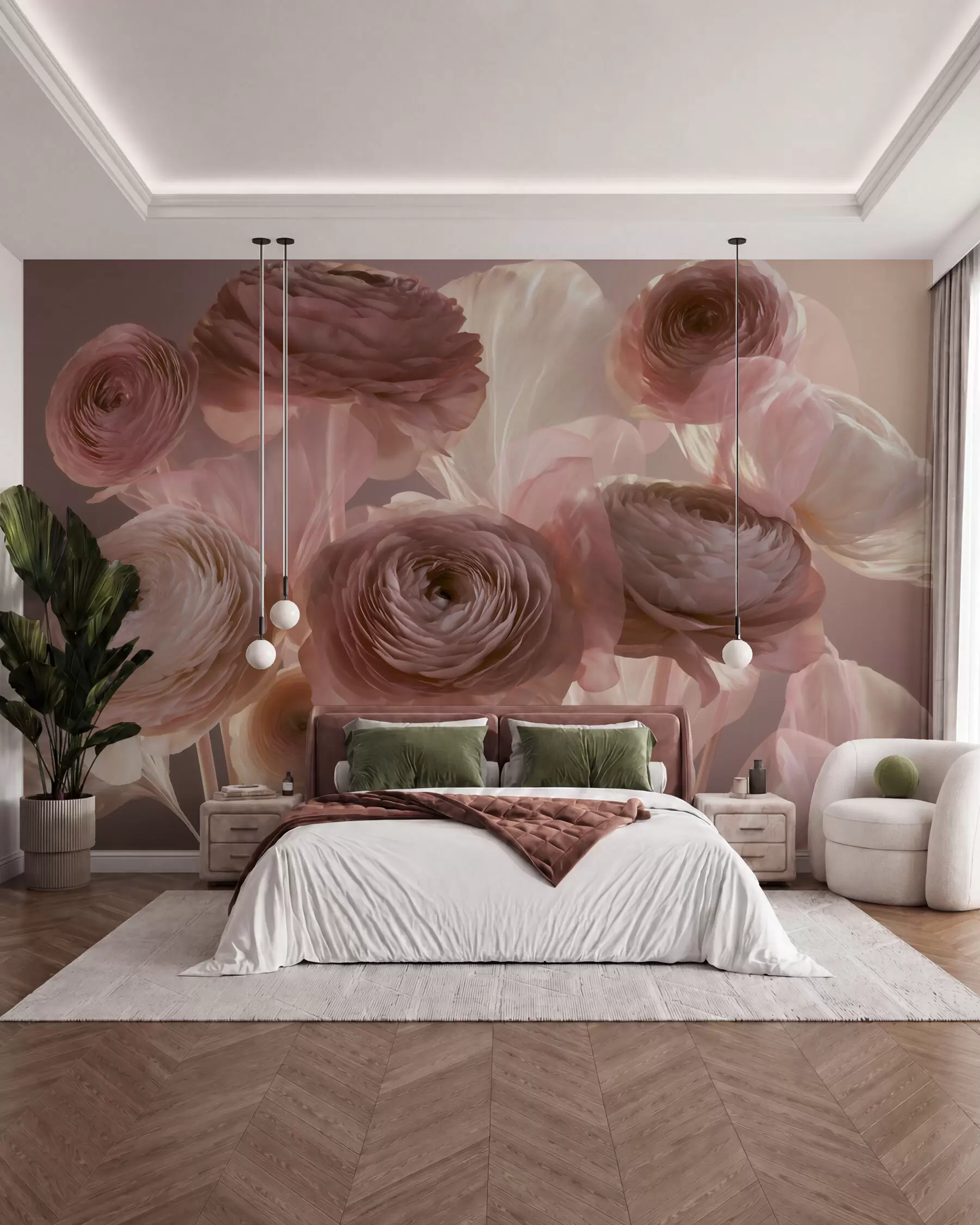 murales de pared Grandes flores de ranúnculo de estilo artístico en suaves tonos rosa y crema w09921