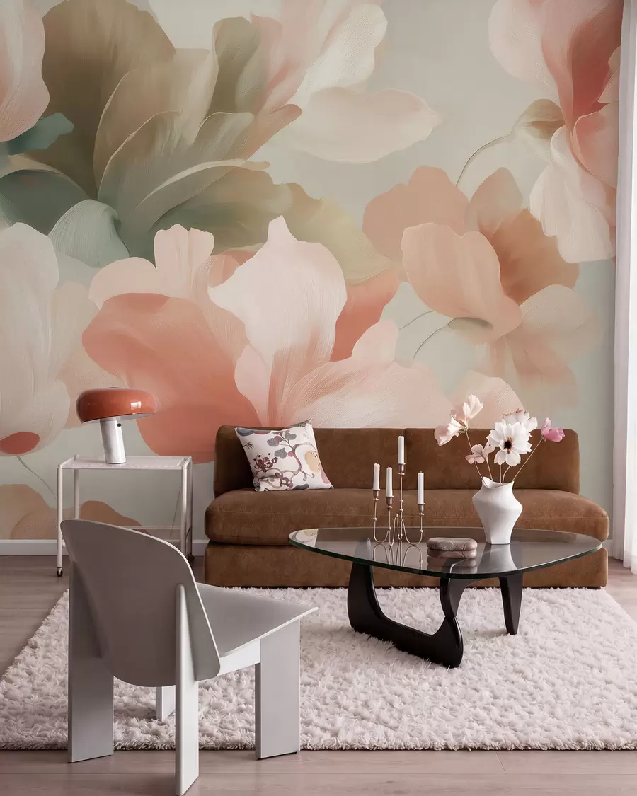 murales de pared Grandes flores artísticas en suaves tonos pastel de color crema, rosa y verde w09935