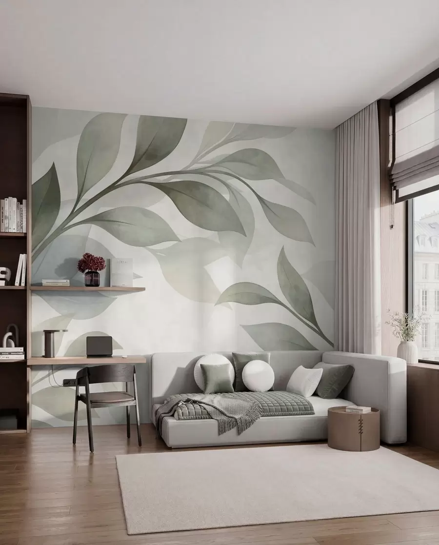 murales de pared Hojas grandes en suaves tonos verdes y azules w05693