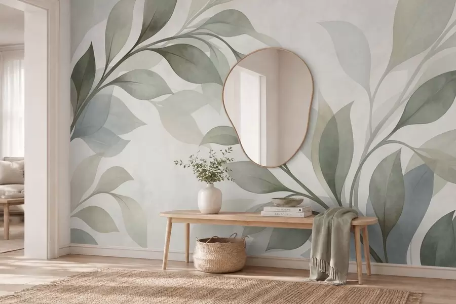 murales de pared Hojas grandes en suaves tonos verdes y azules w05693