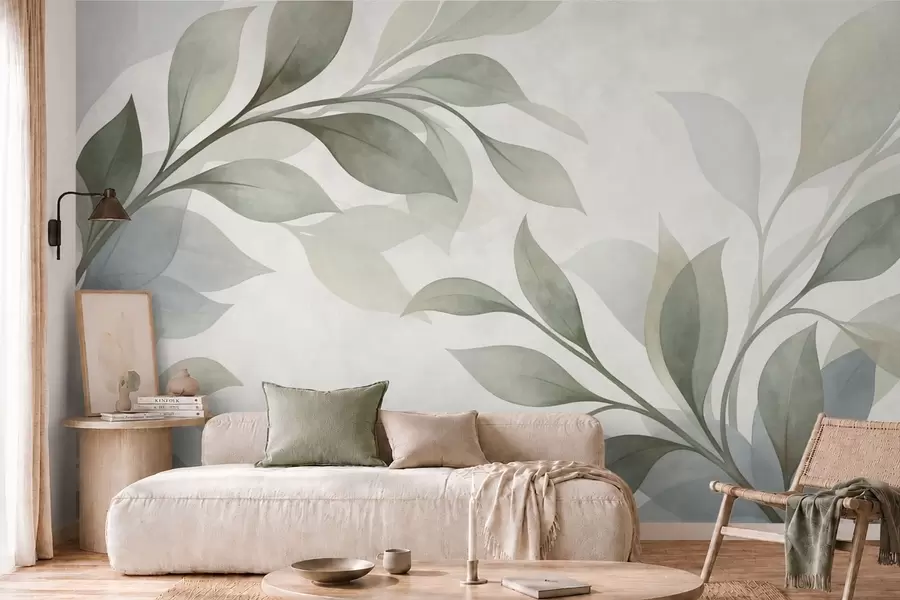 murales de pared Hojas grandes en suaves tonos verdes y azules w05693