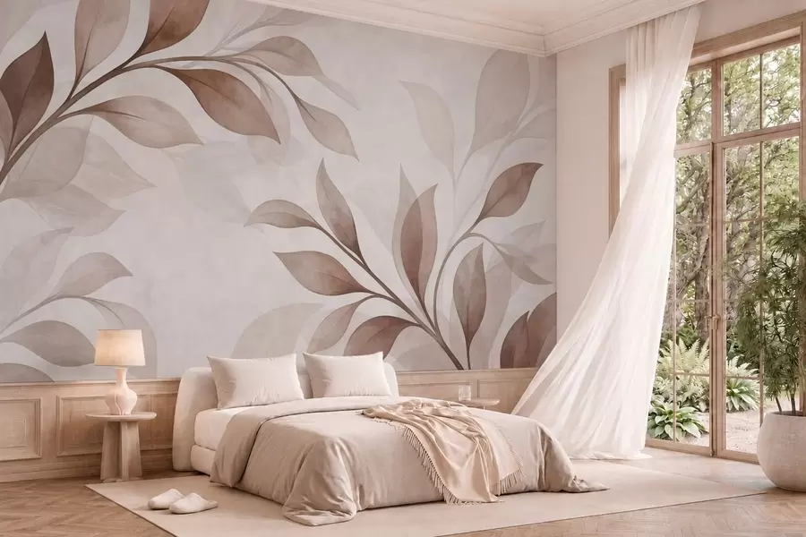 murales de pared Hojas grandes en tonos cálidos de beige y marrón w05693v1