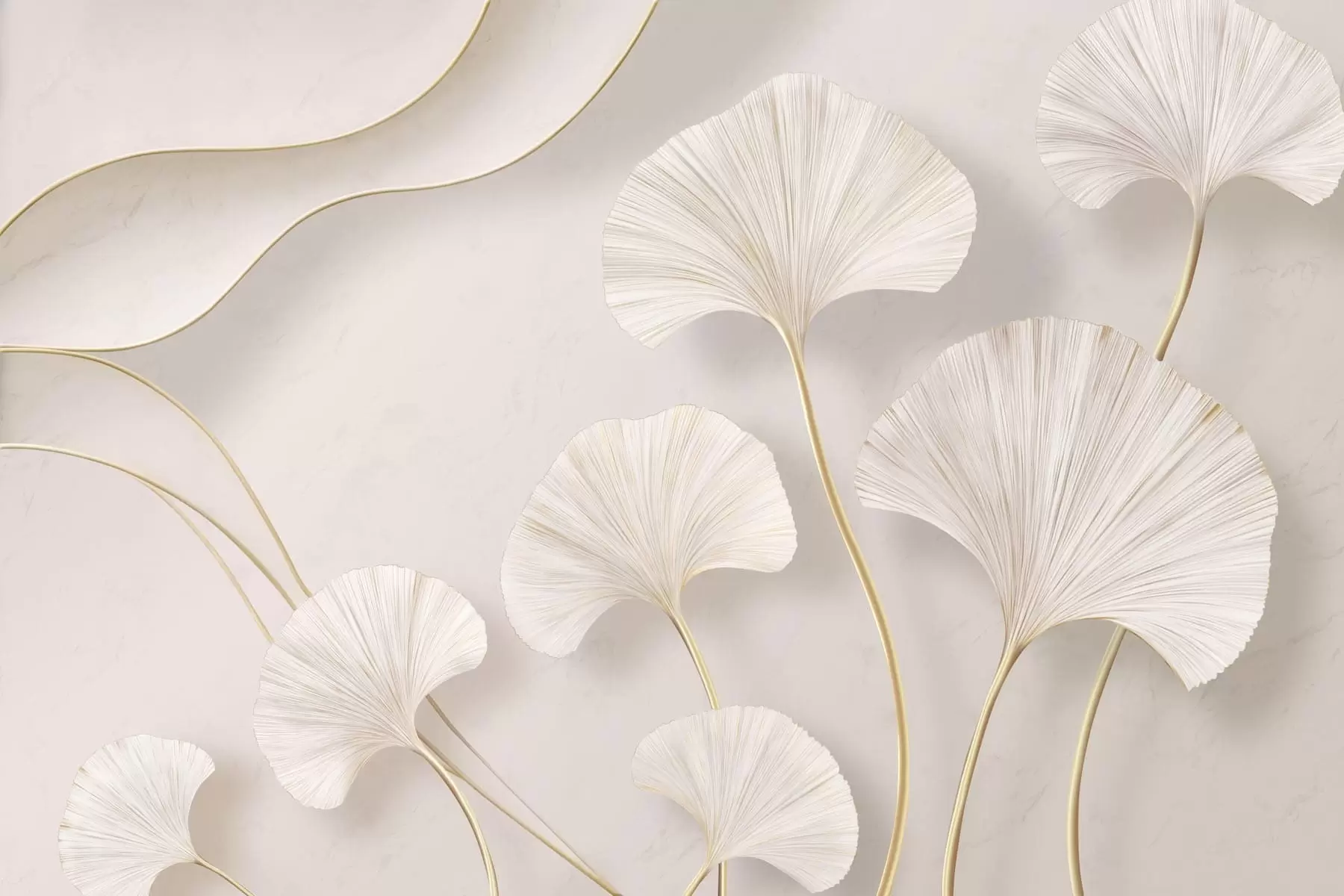 murales de pared Hojas de ginkgo de color claro y gran volumen, con líneas fluidas sobre un fondo de mármol w05734