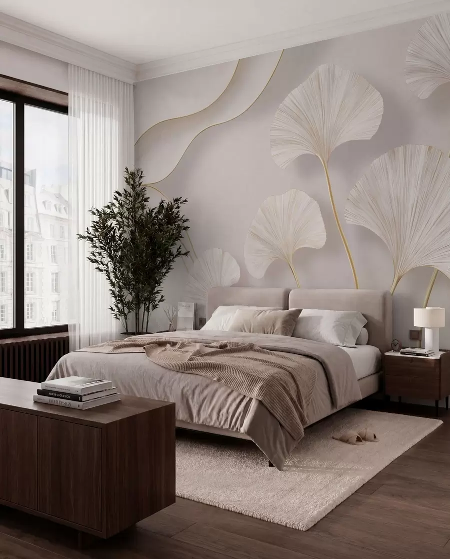 murales de pared Hojas de ginkgo de color claro y gran volumen, con líneas fluidas sobre un fondo de mármol w05734