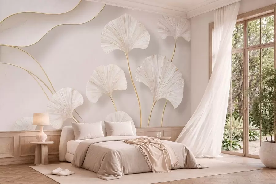 murales de pared Hojas de ginkgo de color claro y gran volumen, con líneas fluidas sobre un fondo de mármol w05734