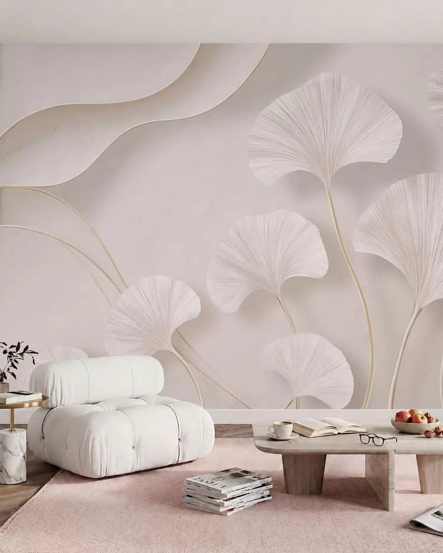 murales de pared Hojas de ginkgo de color claro sobre un fondo de mármol suave w05734v1