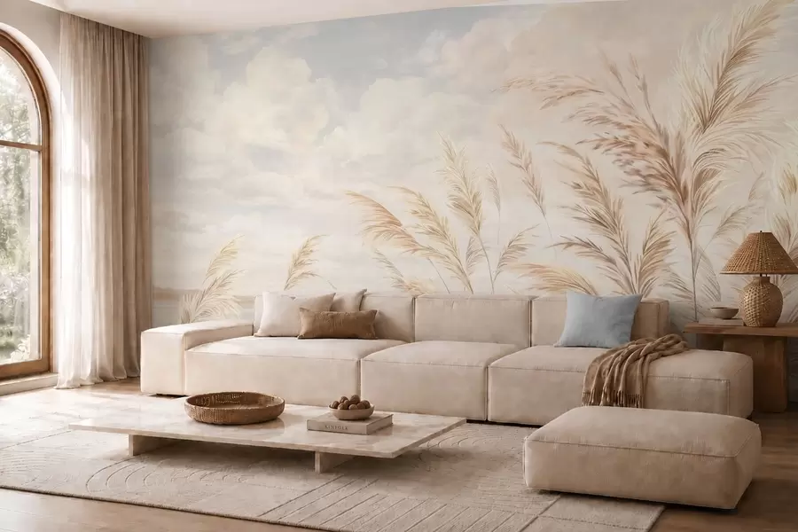murales de pared Tallos suaves y altos de trigo y hierba bajo un cielo nublado w05735