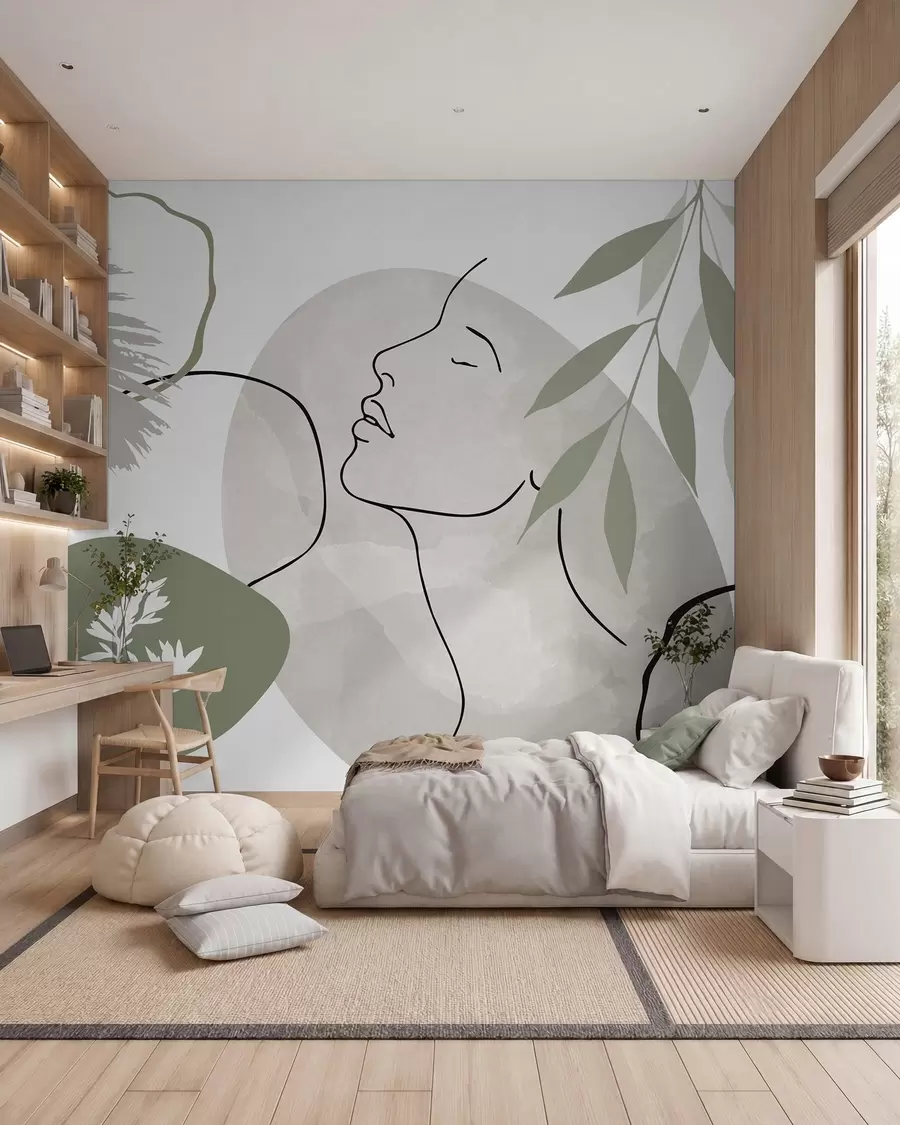 murales de pared Abstracción con vegetación y la silueta de un rostro w05776v1