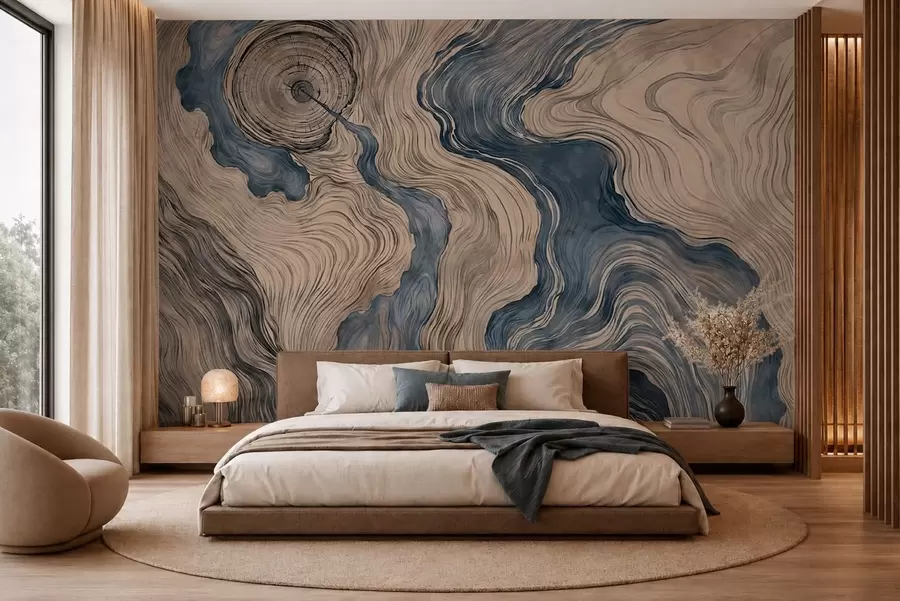 murales de pared Un estampado abstracto con un diseño lineal que imita la veta de la madera en tonos azules w05729v1