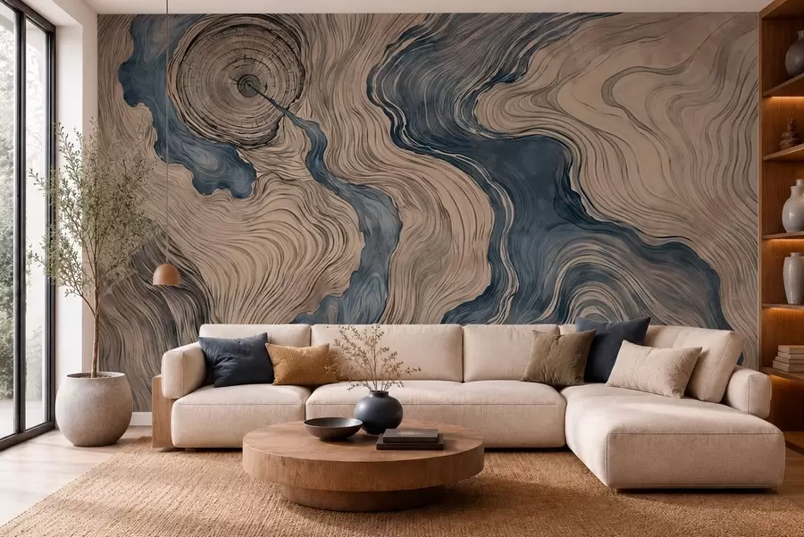 murales de pared Un estampado abstracto con un diseño lineal que imita la veta de la madera en tonos azules w05729v1