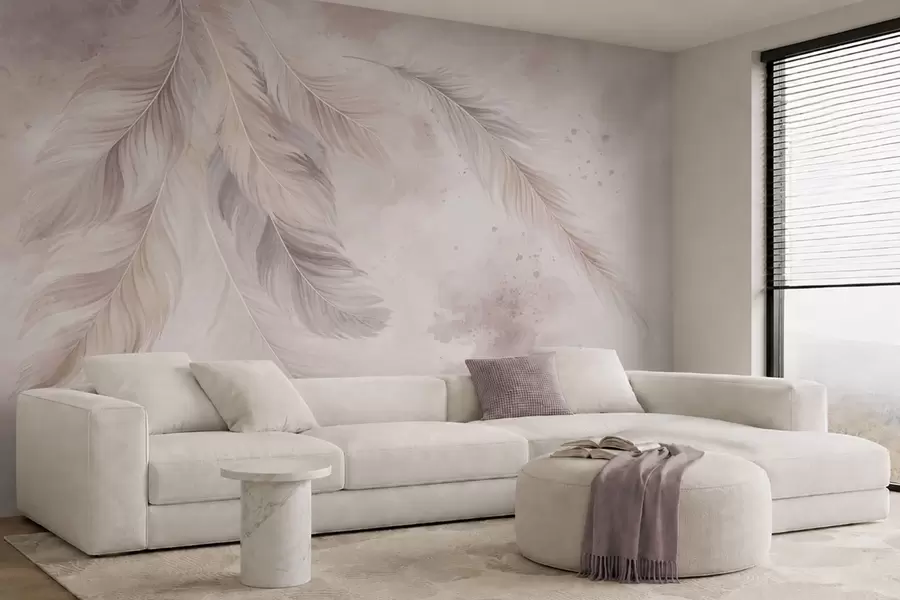 murales de pared Delicadas plumas sobre un fondo de acuarela en tonos pastel w05737