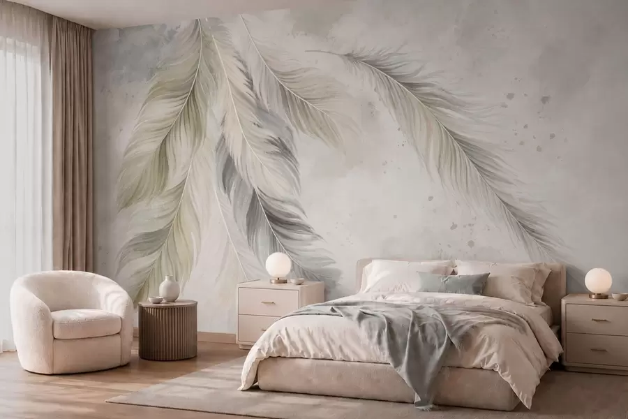 murales de pared Plumas de colores claros sobre un fondo suave de acuarela w05737v1