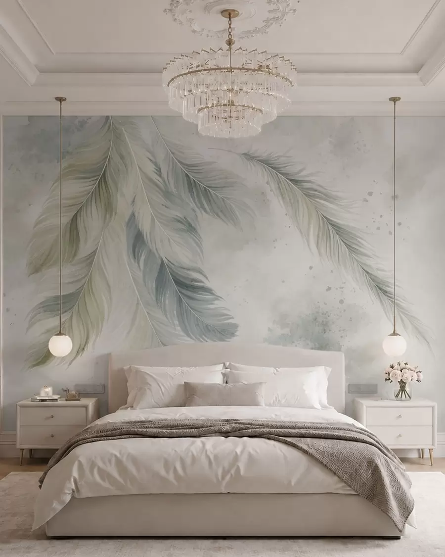 murales de pared Plumas de colores claros sobre un delicado fondo de acuarela w05737v2