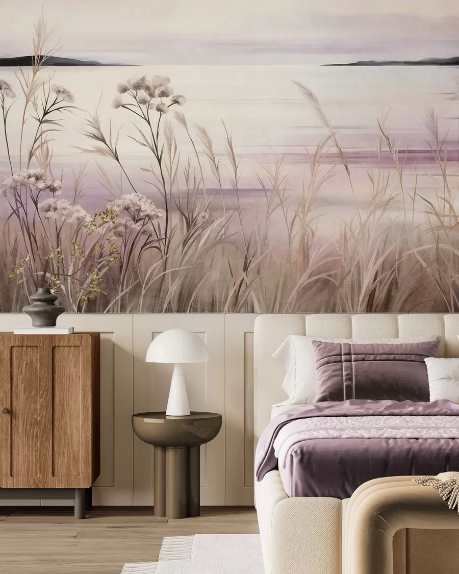 murales de pared Paisaje con flores secas y hierba alta cerca del río, y un cielo suave en tonos pastel w09939