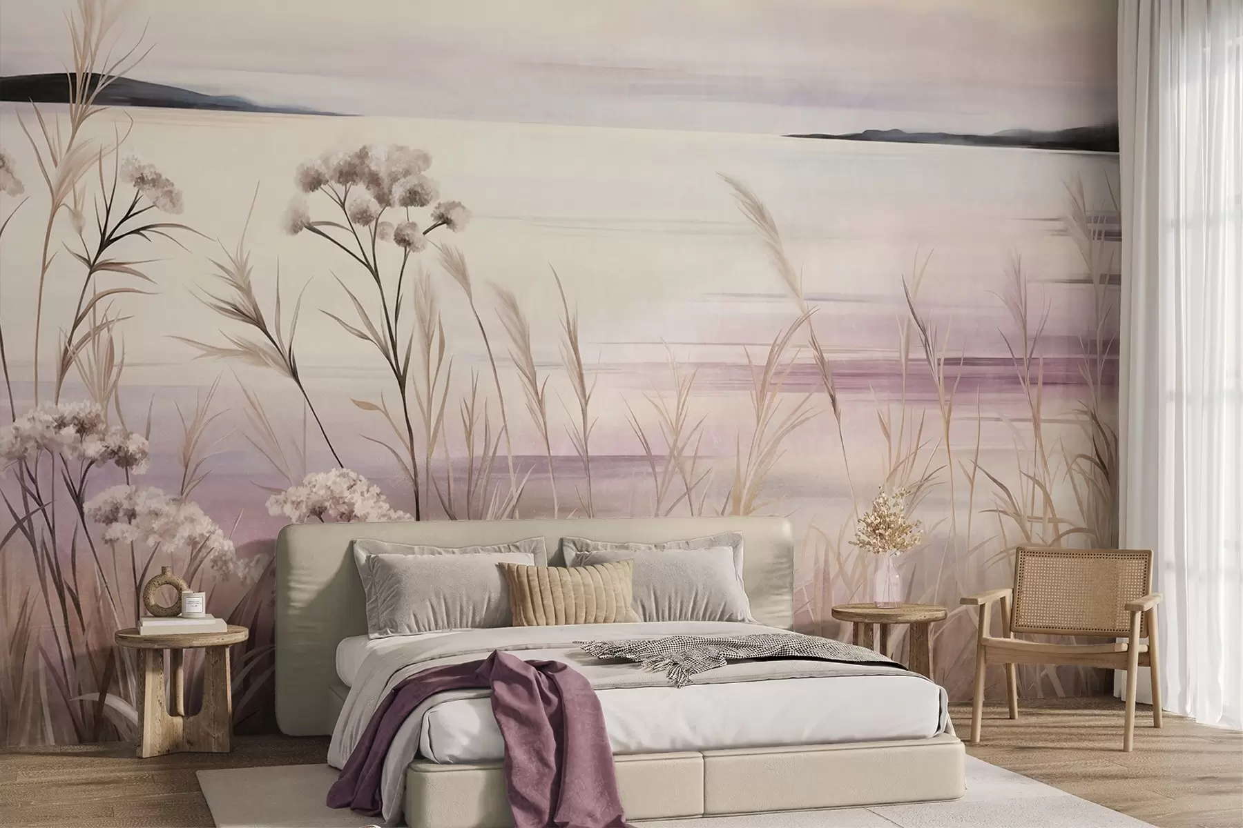 murales de pared Paisaje con flores secas y hierba alta cerca del río, y un cielo suave en tonos pastel w09939