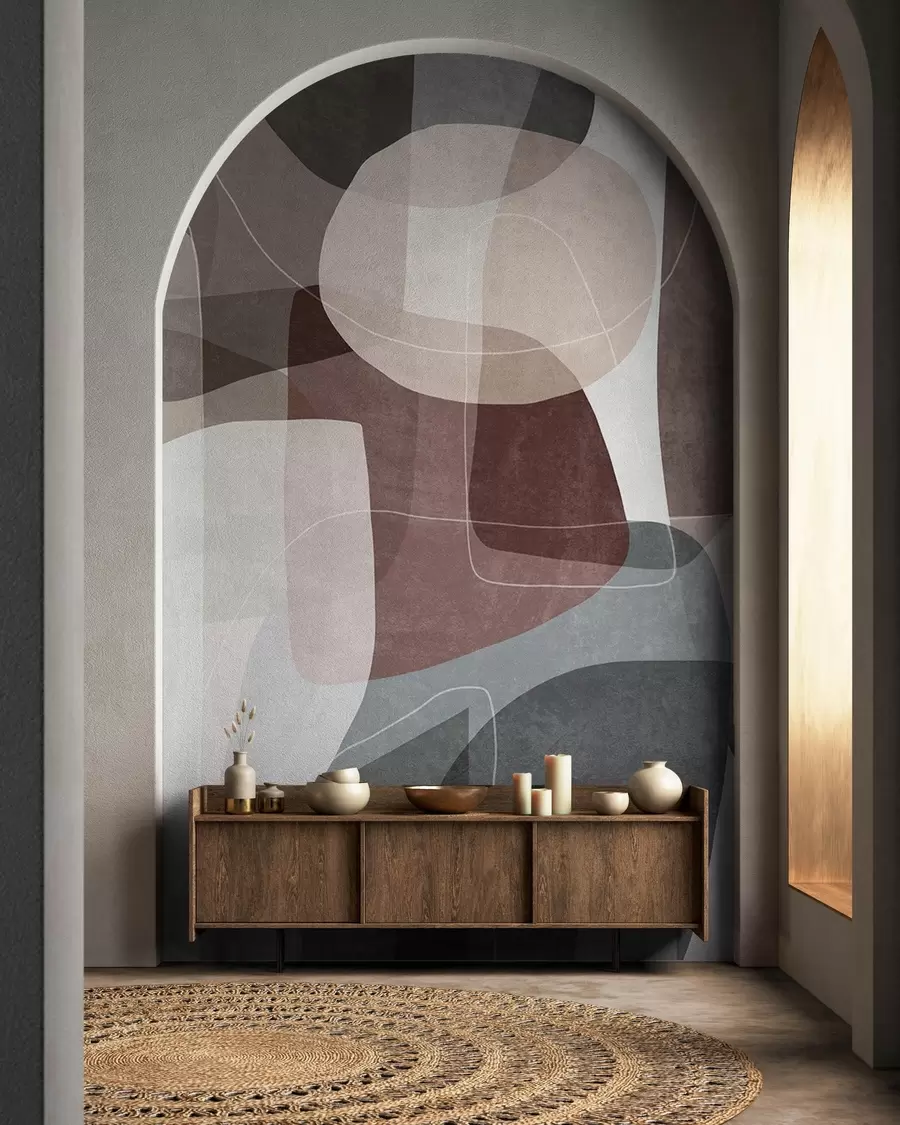 murales de pared Formas abstractas en tonos tierra apagados con finas líneas blancas y texturas superpuestas w09942