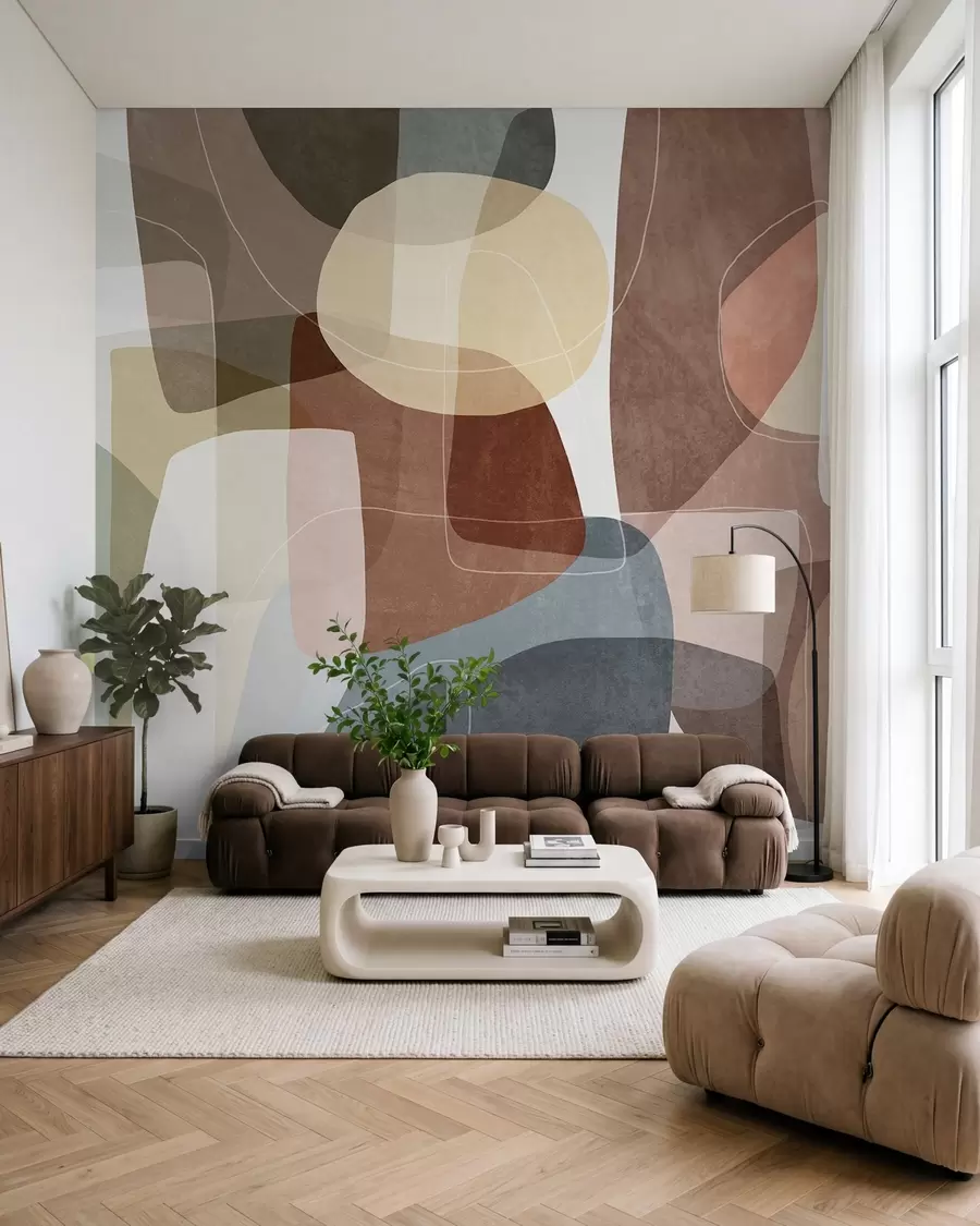 murales de pared Formas abstractas en tonos tierra apagados con finas líneas blancas y texturas superpuestas w09942v1