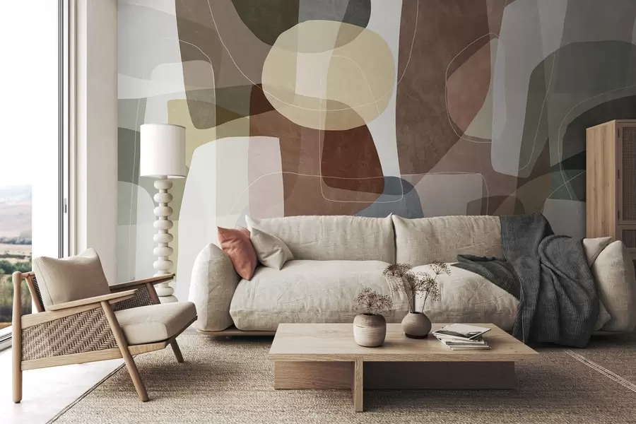 murales de pared Formas abstractas en tonos tierra apagados con finas líneas blancas y texturas superpuestas w09942v1